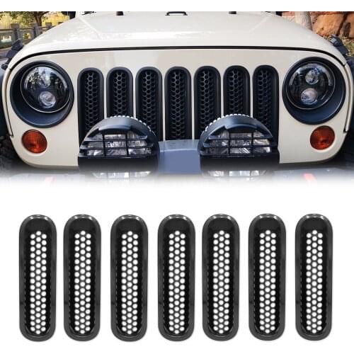 7 Pcs / Set Front Grill Mesh Inserts Jeep Wrangler Accessories, Clip-in Deflector Guard for Jeep Wrangler JK, Bright Black