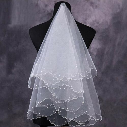 White 2T Wedding Bridal Veil with Comb Handmade DIY Fabric beaded Beads Pearl
