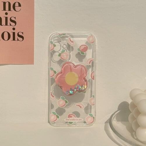 INS Korean Summer Peach Flowers Bracket Clear Phone Case For iPhone 7 8 Puls X XR XS 11 12 Pro Max SE 2020 Lovely Soft Cover