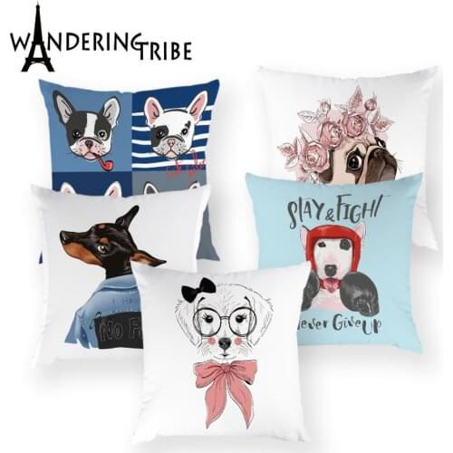 Cartoon Dog Pillow Case Lovely Boston Bull Terrier Boxer Dog Cushion Cover Cute Pug Home Decor Sofa White Cushions Cases Cojin