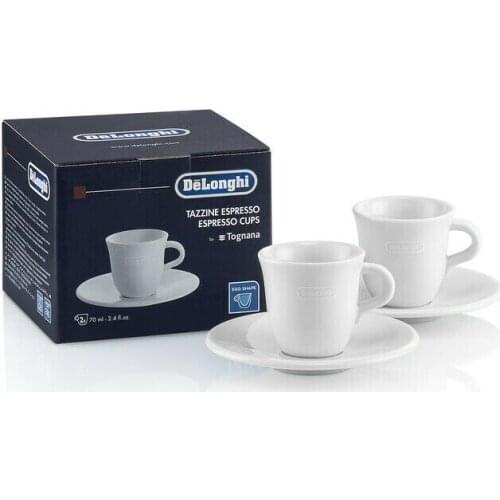 Delonghi 2x cups coffee 70ml by Tognana porcelain white ceramic + saucers