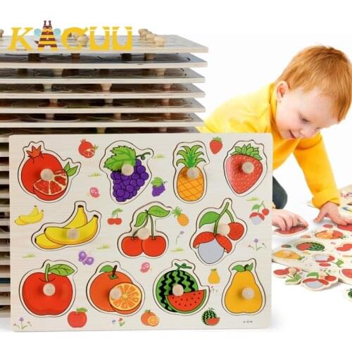 Montessori Wooden Puzzles Hand Grab Boards Toys Tangram Jigsaw Baby Educational Toys Cartoon Vehicle Animals Fruits 3D Puzzles