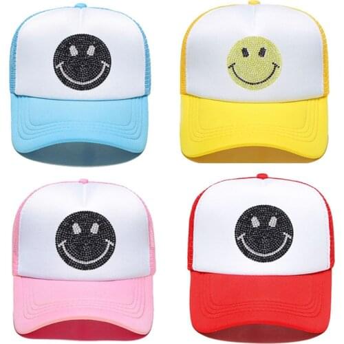 Children Rhinestone Baseball Cap Girls Smiley Snapback Sun Protection Caps Mesh Kids Baby Trucker Sun Hat Diy color