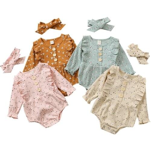 Baby Floral Print Clothes Set Long Sleeve O-neck Jumpsuit with Ruffles + Bow-knot Headband