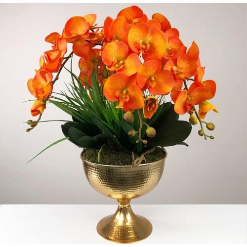 Design Artificial Orchid Flower Arrangement Bronze Vase