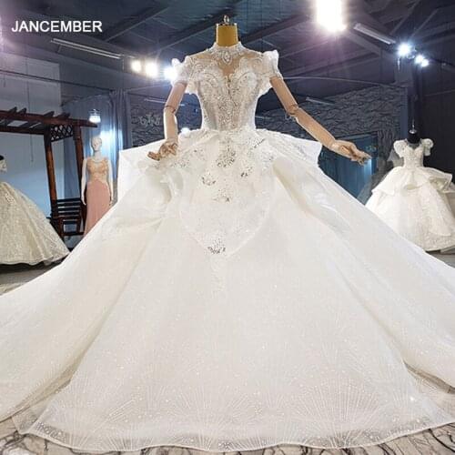 HTL2125 Short Sleeve Luxurious High Neck Crystal Beading Sequined Wedding Dress 2021 For Woman Ball Gowns