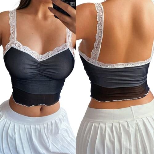 Summer Women Lace Vest Fashion Strap Camisole Top Sexy Sleeveless Ruched Front Color Block Crop Tank Top Streetwear