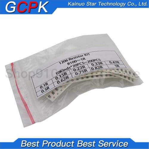 200PCS 1% 1206 SMD resistors assorted kit set 10 valueX20pcs=200pcs 1R00 R820 R750 R620 R500 R470 R330 R220 R150 R100