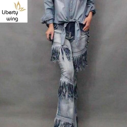 New Fashion Womens Vintage Tassel Bell-bottom Motorcycle Stretch Cowboy Pants Tassels Casual Trousers Wide Flared Jeans