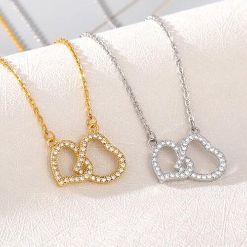 CZ Zircon Double Heart Necklaces For Women Love Pendants Necklace Jewelry Bridesmaid Gifts Bijoux Femme Collier Choker