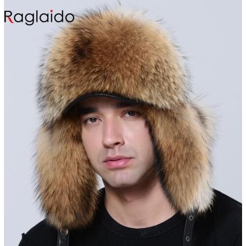 New Bomber Hat Men Winter Brim Ushanka Thick Warm Russia Natural Raccoon Fox Fur Trapper Ear Hat