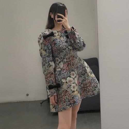 TVVOVVIN 2021 Black Velvet Bow Cotton Floral Embroidery Full Sleeve High Waist Fresh And Sweet Vintage Dress Dresses GC8R