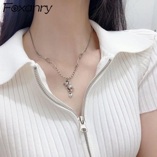FOXANRY 925 Sterling Silver Necklace New Trendy Punk Vintage Unique Chain Simple Bear Pendant Party Jewelry for Women Lover Gift