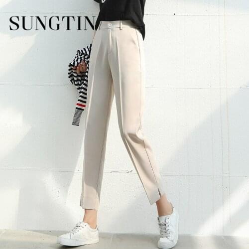 Sungtin High Waist Office Lady Blazer Pants Women Casual Ankle Length Pants Loose Harem Trousers Korean Chic OL Split Plus Size