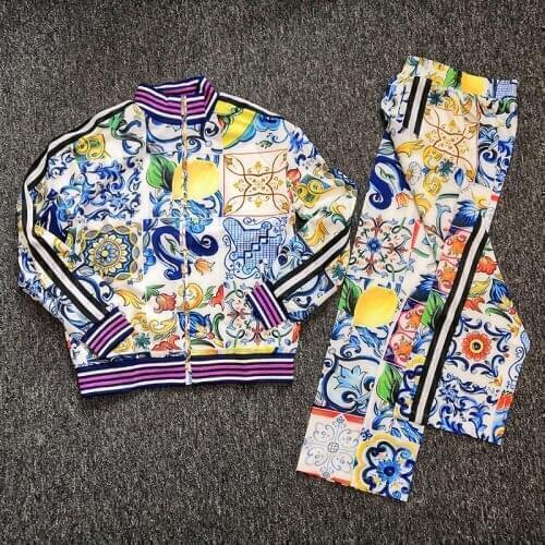 Holiday Runway Designer Casual Vacation Pant Womens Long Sleeve Print Jacket+Full Length Pants Two Pieces Set Suit