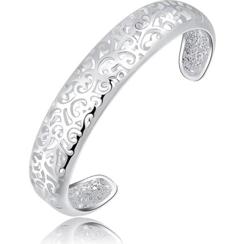 925 Sterling Silver Fine Carved Round Opening Bangle For Woman Charm Wedding Jewelry Girl Fashion Gift
