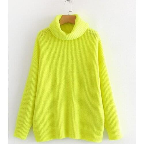 Women Bright Solid Color Fashion High Neck Loose Pullover Long Sleeve Knitted Cotton Sweater Top