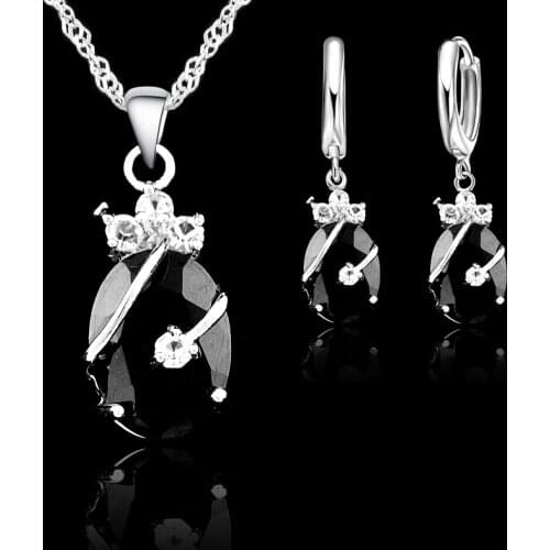 7 Colors Simple Oval Cubic Zirconia Women Jewelry Sets Bridal 925 Sterling Silver Pendant Necklace Earrings Sets
