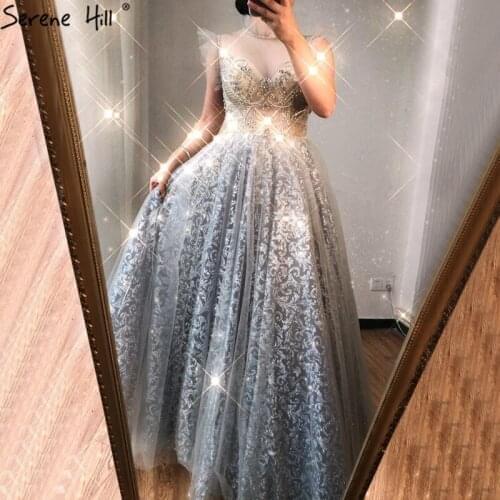 Serene Hill Silver A-Line Sparkle Evening Dress Party Wear Dresses for Women 2020 Sleeveless Beading Sexy Formal Dress BLA70722