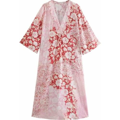 New Women Vogue Printed Side Slit Midi Dress Three Quarter Sleeves V-Neck Vintage Female Dresses Woman Robe