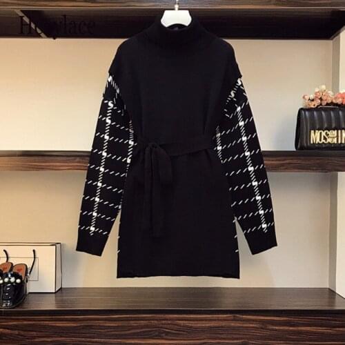 Plus size women winter warm thicken basic sweater dresses women korean patchwork vintage turtleneck long sleeve knitted dress