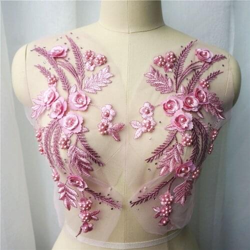 2PCS Pink Lace Fabric 3D Flower Tassel Beads Rhinestone Embroidered Wedding Gown Appliques Sew Patch For Dress DIY Decoration