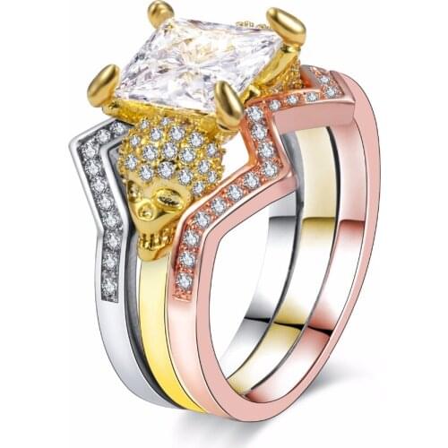Fashion Luxury 3 colour Ring Sets with Micro CZ Zircon jewelry Pave for Women Skull Ring 3 Sets shiny charms Engagement Ring
