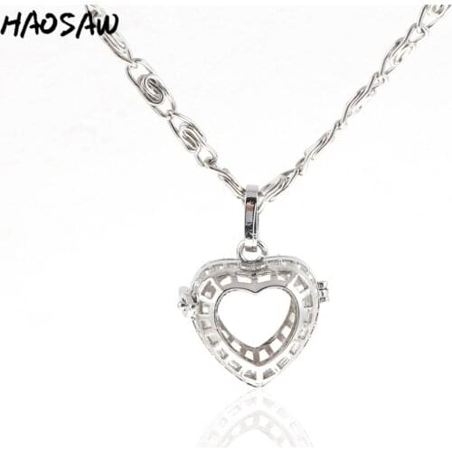 31mm Rhodium Long Fashion Necklace Heart Shape Hollow Out DIY Box Cage Alloy For Women Jewelry Necklact Pendnt Findings
