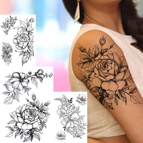 3D Flower Peony Rose Temporary Tattoo For Women Girl Dahlia Rose Black Tattoo Sticker Fake Flora Leaves Waterproof Tatoos Thighs