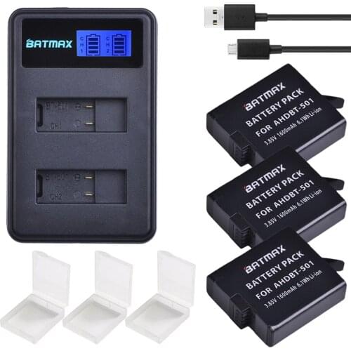 Batmax 3pcs 1600mAh AHDBT-501 Battery akku+LCD Display USB Dual Charger for GoPro 5 Gopro 6 New Gopro hero 7 Gopro 8 Camera
