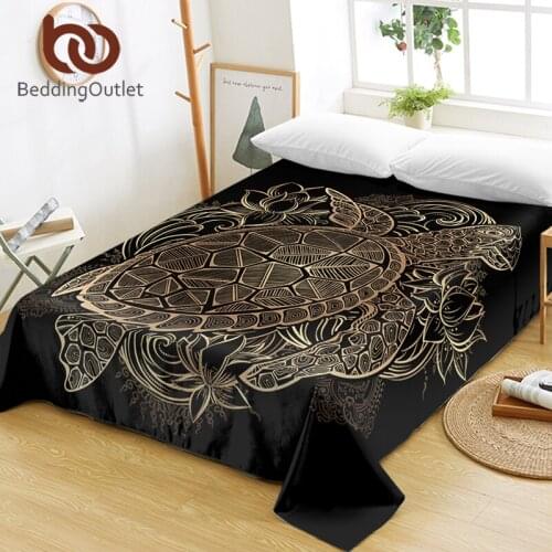 BeddingOutlet Turtles Bed Sheets Animal Golden Tortoise Flat Sheet Picnic Mat Flowers Lotus Bed Linen Luxurious Summer sabanas