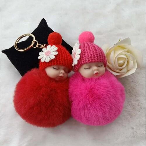 Sleeping Baby Doll Ball Key Chain Car Keyring Holder Bag Pendant Charm Keychain Plush Fur New Cute Women Key Chains Pompom Dolls