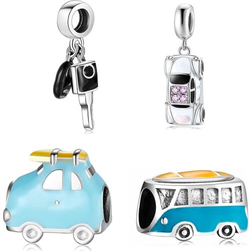 Original New 925 Sterling Silver School bus blue Enamel Charms Beads Jewelry Making Fits Charms Bracelet Bangles