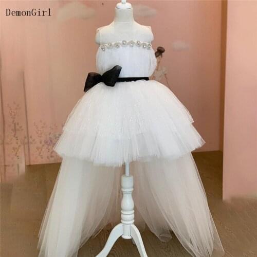 Flower Girl Dresses Puffy Tulle Crystal Beading Sheer Neck Child Birthday Gown Kids Clothes Photography