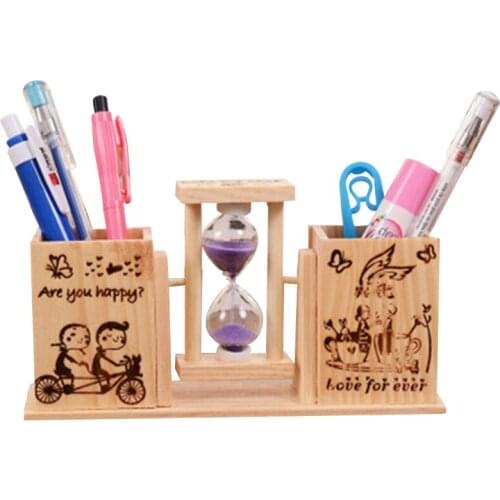28EA Creative Wooden Desk Pen Holder Cute Wood Hourglass Pencil Holder 2 Compartments