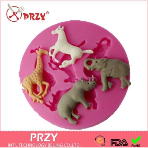 PRZY Cake Molds Silicone Mold Fondant for Cake Decorations Rhino Horse Silicone Cake Mold 4 Hole Animals Giraffe Elephant Moulds