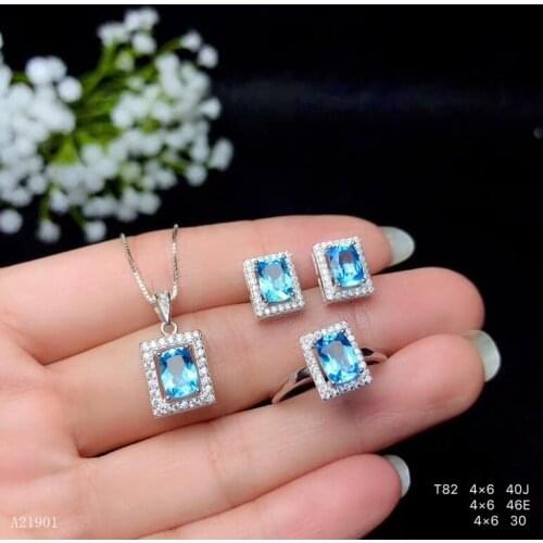 KJJEAXCMY exquisite jewelry 925 Silver-inlaid Natural Blue Topaz Earrings, Rings and Necklace Taoz Support Detection