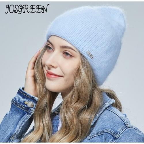 JOSGREEN Angolas pure color three-turn wide-brim thermal insulation young and white fashion autumn and winter womens cold hat