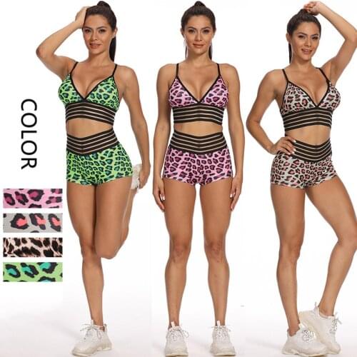 Summer Sport Set Women Two Piece Leopard Crop top Shorts Suit Sport Bra Shorts Yoga Sportsuit Workout Outfit Breathable Gym Set