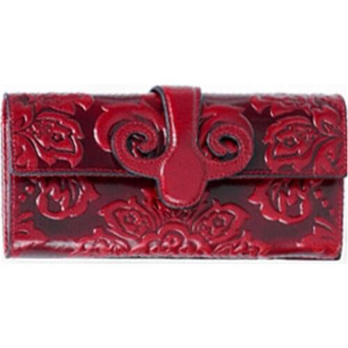 Retro Genuine Leather wallet Chinese style day clutch bag European Fashion Female Embossing Flower Card holder Women Hasp Wallet