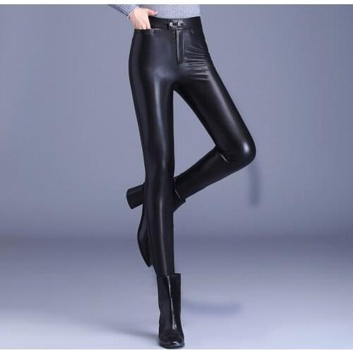 Snake skin leather pants buttons invisble pockets sexy leather Pants ass for women high waist full length Pantalon Femme 2020
