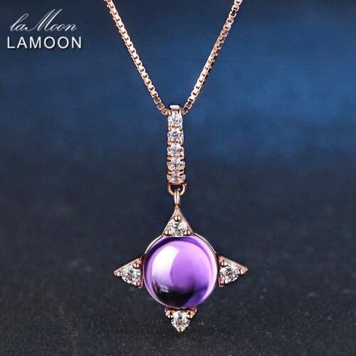 LAMOON 8mm 2.3ct Natural Purple Amethyst 925 Sterling Silver Jewelry Simple Chain Pendant Necklace S925 LMNI003