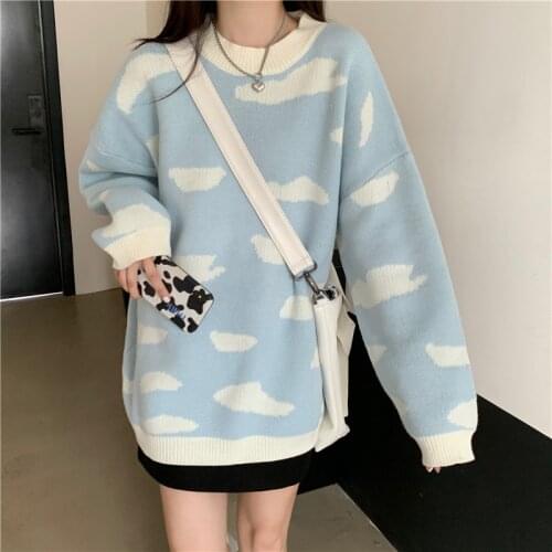 Japanese sweet and cute sweater Harajuku Preppy style kawaii womens sweater Korean vintage casual O-neck loose knitted sweater