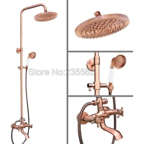 Wall Mounted Bathroom Antique Red Copper Rainfall 8 inch Rain Shower Faucet Set Bathtub Mixer Tap with Ceramic Hand Spray lrg516