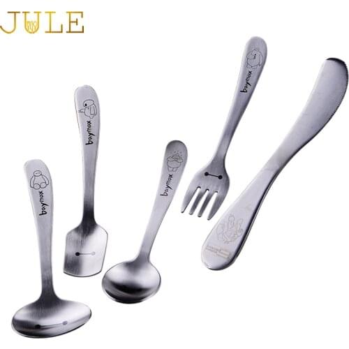 1lot/5pcs Children Tableware Cutlery Set Cartoon Cute 18/10 Stainless Steel Knife Fork Tablespoon Matte Silver Dinnerware Sets