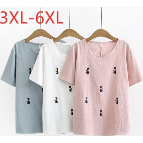 New 2021 summer plus size tops for women large loose short sleeve cotton linen pink white embroidery T-shirt 3XL 4XL 5XL 6XL