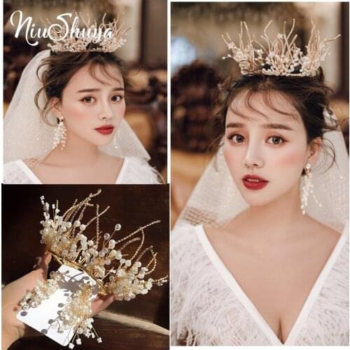 NiuShuya New Elegant Bridal Crown Headdress Gold Handmade Pearl Princess Wedding Crown Bridal Hair Ornaments