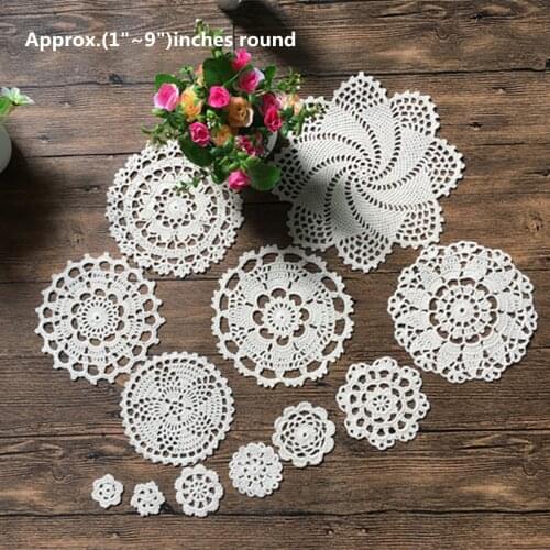 New Design 12Pcs 100% Cotton Hand Made Crochet Doilies Cup Mat Pad Coaster 12 Vintage Crochet Motifs 3-23cm White Beige HD175