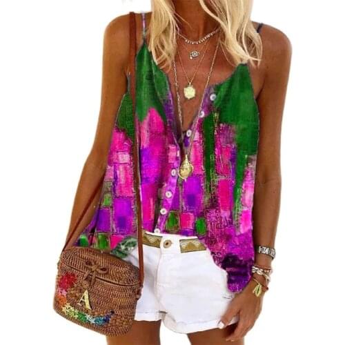 Casual Loose Large Fashion Suspender Vest Summer 2021 Womens New Tank Single Breasted Cardigan V-neck Printing Camisole