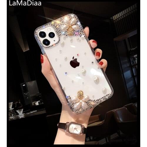 Luxury Bling Crystal Pearl Diamond Gem Flower Case Cove For Huawei Honor8 9 10 20 Lite V10 V20 V30 7X 8X 9X Nova 3 4 5 6 Case